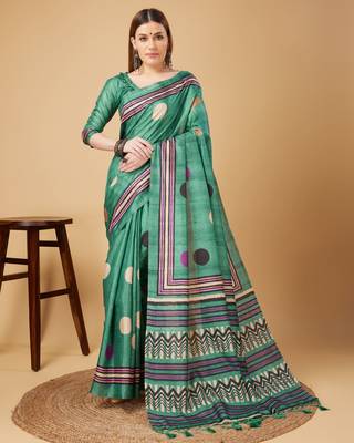 Rama Green Geometric And Floral Printed Silk Self Design With Golden Border Saree For Women With Blouse Piece 1