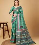 Rama Green Geometric And Floral Printed Silk Self Design With Golden Border Saree For Women With Blouse Piece
