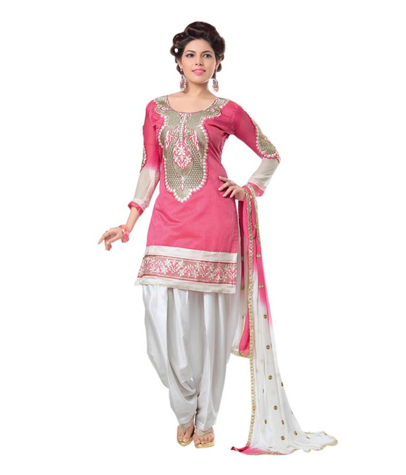 Pink Embroidery Chanderi Patiyala Dress Material