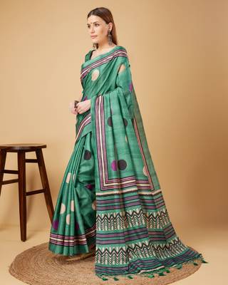Rama Green Geometric And Floral Printed Silk Self Design With Golden Border Saree For Women With Blouse Piece 2