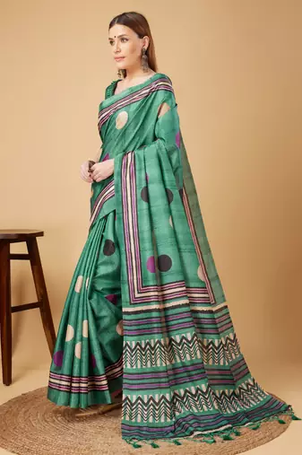Rama Green Geometric And Floral Printed Silk Self Design With Golden Border Saree For Women With Blouse Piece