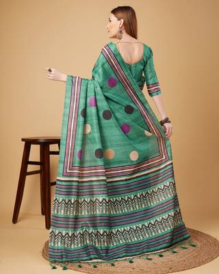 Rama Green Geometric And Floral Printed Silk Self Design With Golden Border Saree For Women With Blouse Piece 3