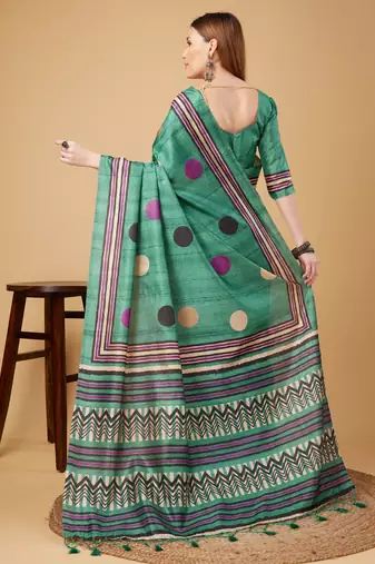 Rama Green Geometric And Floral Printed Silk Self Design With Golden Border Saree For Women With Blouse Piece
