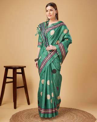 Rama Green Geometric And Floral Printed Silk Self Design With Golden Border Saree For Women With Blouse Piece 4