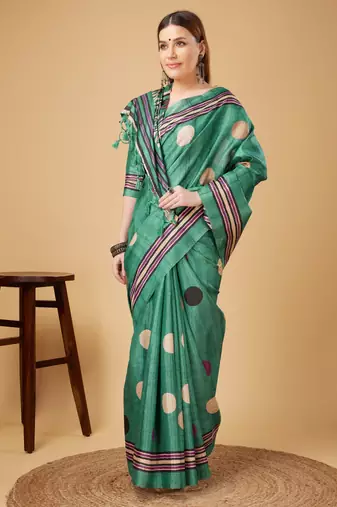 Rama Green Geometric And Floral Printed Silk Self Design With Golden Border Saree For Women With Blouse Piece