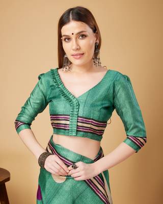 Rama Green Geometric And Floral Printed Silk Self Design With Golden Border Saree For Women With Blouse Piece 5