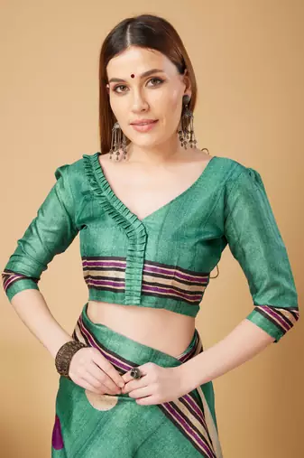 Rama Green Geometric And Floral Printed Silk Self Design With Golden Border Saree For Women With Blouse Piece