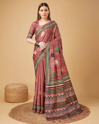 Pink Geometric And Floral Printed Silk Self Design With Golden Border Saree For Women With Blouse Piece 1
