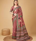 Pink Geometric And Floral Printed Silk Self Design With Golden Border Saree For Women With Blouse Piece