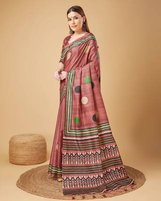 Pink Geometric And Floral Printed Silk Self Design With Golden Border Saree For Women With Blouse Piece 2