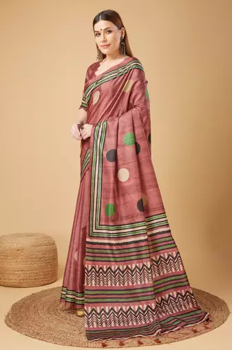 Pink Geometric And Floral Printed Silk Self Design With Golden Border Saree For Women With Blouse Piece