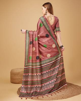 Pink Geometric And Floral Printed Silk Self Design With Golden Border Saree For Women With Blouse Piece 3