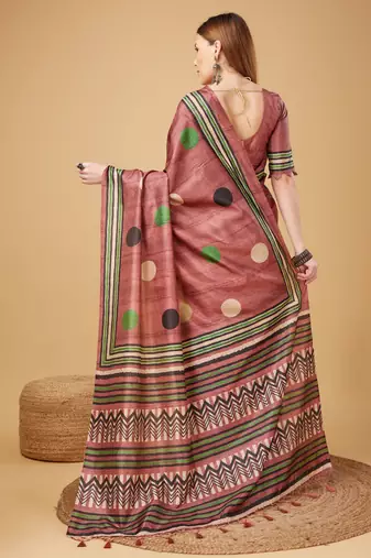 Pink Geometric And Floral Printed Silk Self Design With Golden Border Saree For Women With Blouse Piece
