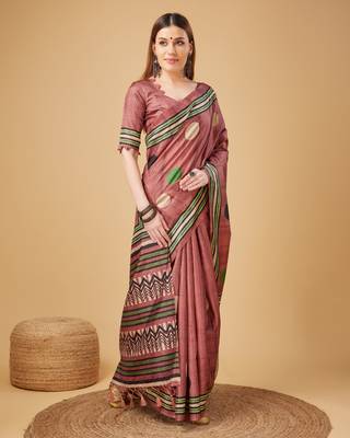 Pink Geometric And Floral Printed Silk Self Design With Golden Border Saree For Women With Blouse Piece 4