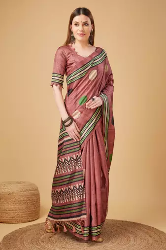 Pink Geometric And Floral Printed Silk Self Design With Golden Border Saree For Women With Blouse Piece