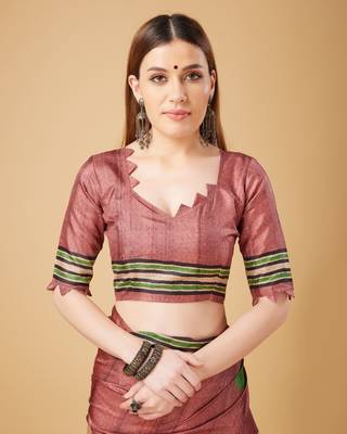 Pink Geometric And Floral Printed Silk Self Design With Golden Border Saree For Women With Blouse Piece 5