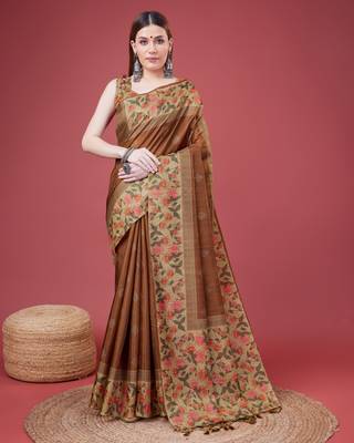 Brown Geometric And Floral Printed Silk Self Design With Golden Border Saree For Women With Blouse Piece 1