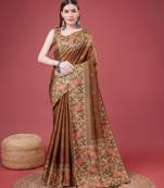 Brown Geometric And Floral Printed Silk Self Design With Golden Border Saree For Women With Blouse Piece