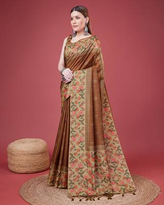 Brown Geometric And Floral Printed Silk Self Design With Golden Border Saree For Women With Blouse Piece 2