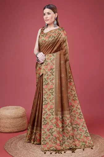 Brown Geometric And Floral Printed Silk Self Design With Golden Border Saree For Women With Blouse Piece