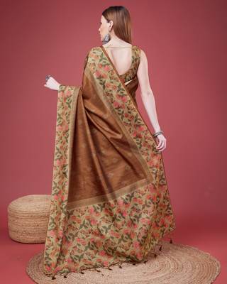 Brown Geometric And Floral Printed Silk Self Design With Golden Border Saree For Women With Blouse Piece 3