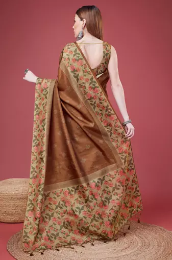 Brown Geometric And Floral Printed Silk Self Design With Golden Border Saree For Women With Blouse Piece