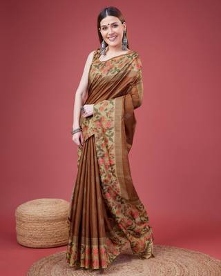 Brown Geometric And Floral Printed Silk Self Design With Golden Border Saree For Women With Blouse Piece 4