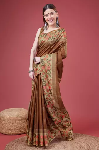 Brown Geometric And Floral Printed Silk Self Design With Golden Border Saree For Women With Blouse Piece