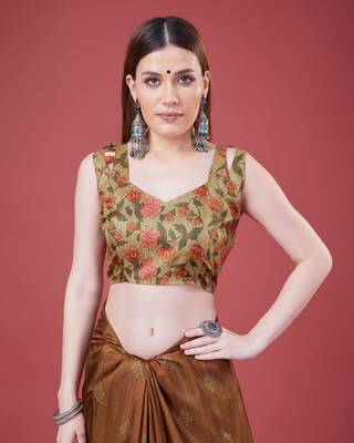 Brown Geometric And Floral Printed Silk Self Design With Golden Border Saree For Women With Blouse Piece 5