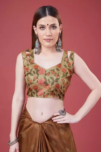 Brown Geometric And Floral Printed Silk Self Design With Golden Border Saree For Women With Blouse Piece
