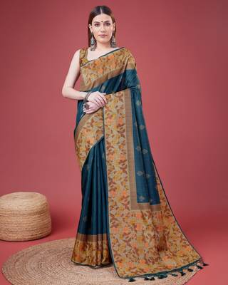 Blue Geometric And Floral Printed Silk Self Design With Golden Border Saree For Women With Blouse Piece 1