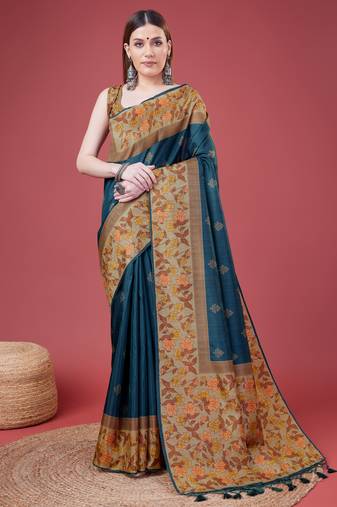 Blue Geometric And Floral Printed Silk Self Design With Golden Border Saree For Women With Blouse Piece