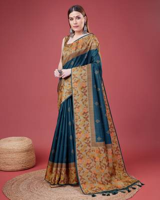 Blue Geometric And Floral Printed Silk Self Design With Golden Border Saree For Women With Blouse Piece 2