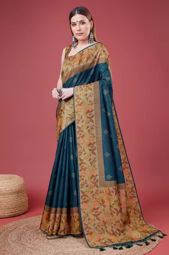 Blue Geometric And Floral Printed Silk Self Design With Golden Border Saree For Women With Blouse Piece