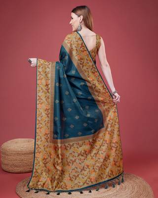 Blue Geometric And Floral Printed Silk Self Design With Golden Border Saree For Women With Blouse Piece 3