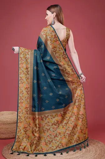 Blue Geometric And Floral Printed Silk Self Design With Golden Border Saree For Women With Blouse Piece
