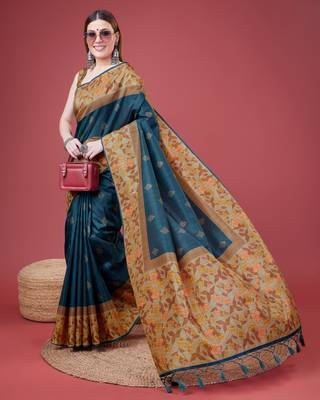 Blue Geometric And Floral Printed Silk Self Design With Golden Border Saree For Women With Blouse Piece 4