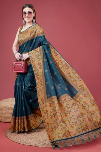 Blue Geometric And Floral Printed Silk Self Design With Golden Border Saree For Women With Blouse Piece