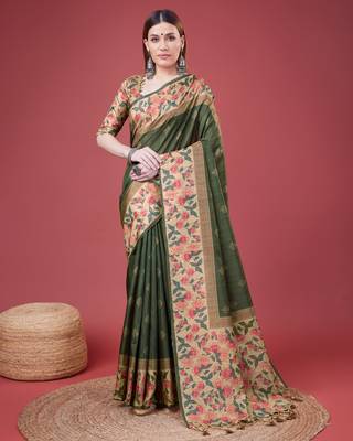 Green Geometric And Floral Printed Silk Self Design With Golden Border Saree For Women With Blouse Piece 1
