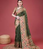 Green Geometric And Floral Printed Silk Self Design With Golden Border Saree For Women With Blouse Piece