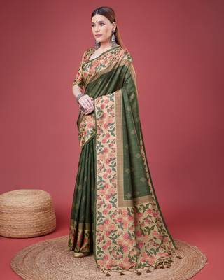 Green Geometric And Floral Printed Silk Self Design With Golden Border Saree For Women With Blouse Piece 2