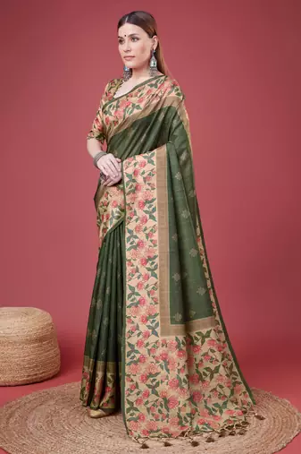 Green Geometric And Floral Printed Silk Self Design With Golden Border Saree For Women With Blouse Piece