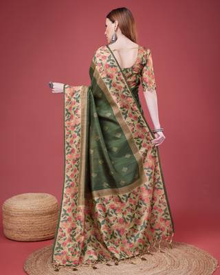 Green Geometric And Floral Printed Silk Self Design With Golden Border Saree For Women With Blouse Piece 3