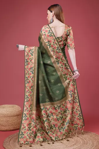 Green Geometric And Floral Printed Silk Self Design With Golden Border Saree For Women With Blouse Piece