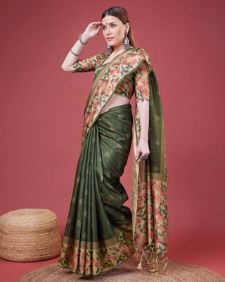 Green Geometric And Floral Printed Silk Self Design With Golden Border Saree For Women With Blouse Piece 4