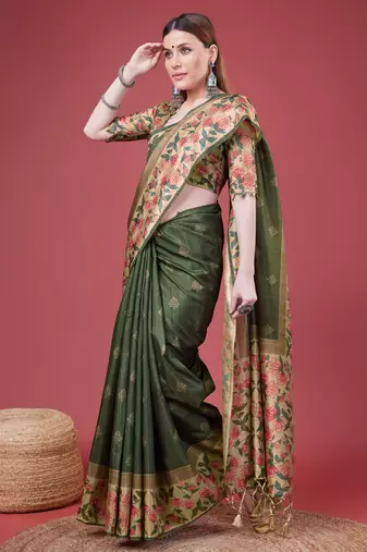 Green Geometric And Floral Printed Silk Self Design With Golden Border Saree For Women With Blouse Piece