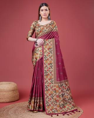 Pink Geometric And Floral Printed Silk Self Design With Golden Border Saree For Women With Blouse Piece 1