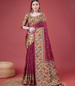 Pink Geometric And Floral Printed Silk Self Design With Golden Border Saree For Women With Blouse Piece