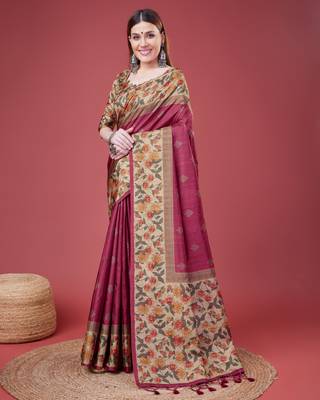 Pink Geometric And Floral Printed Silk Self Design With Golden Border Saree For Women With Blouse Piece 2