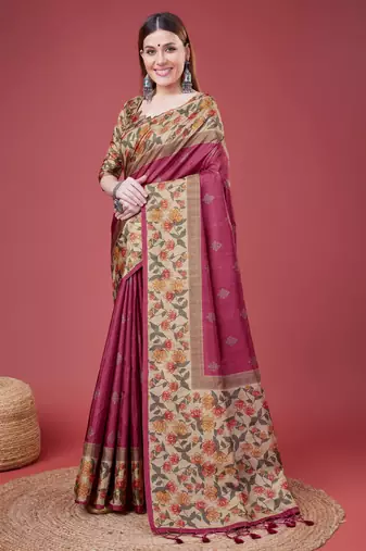 Pink Geometric And Floral Printed Silk Self Design With Golden Border Saree For Women With Blouse Piece